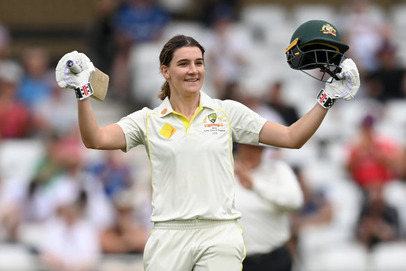 Annabel Sutherland celebrates reaching her century during day two of the Women’s Ashes Test match at Trent Bridge in Nottingham.