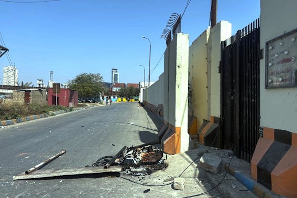 A motorcycle which was set on fire by angry protestors outside the US Consulate in Karachi, Pakistan. 