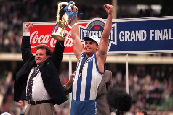Denis Pagan and Carey with the 1996 premiership cup.