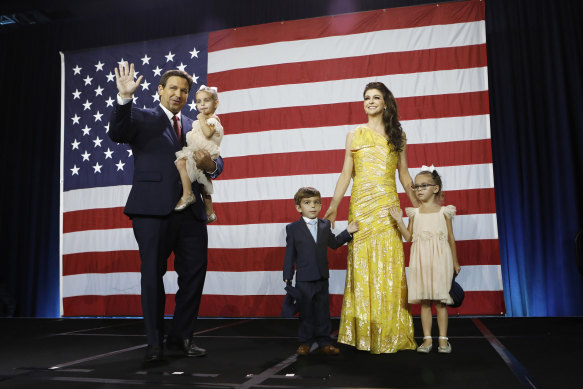 Ron DeSantis and his wife Casey and their children on stage to celebrate his victory in Tampa, Florida.