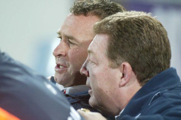 Ricky Stuart and Phil Gould during their time together at the Sydney Roosters in 2002.