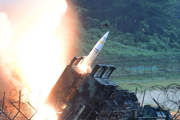 A US Army Tactical Missile System (ATACMS) firing a missile into the East Sea during a South Korea-US joint missile drill in East Coast, South Korea in 2017. 