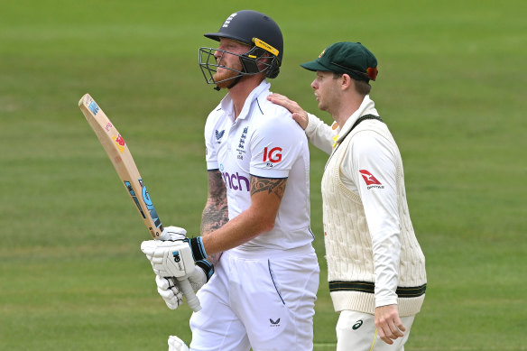 Ben Stokes is consoled by Australian star Steve Smith after being dismissed for 155.
