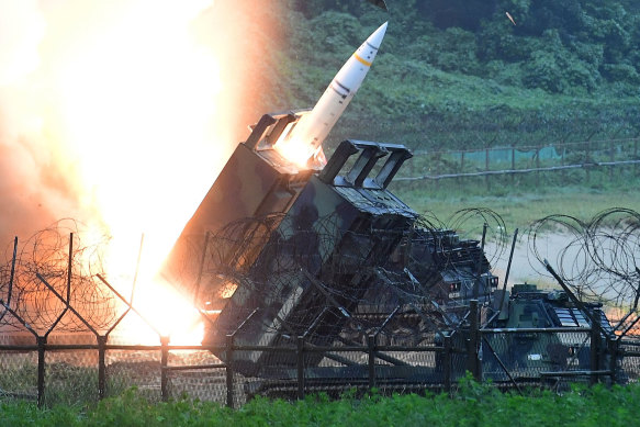 A US Army Tactical Missile System  firing a missile into the East Sea during a South Korea-US joint missile drill in South Korea in 2017.