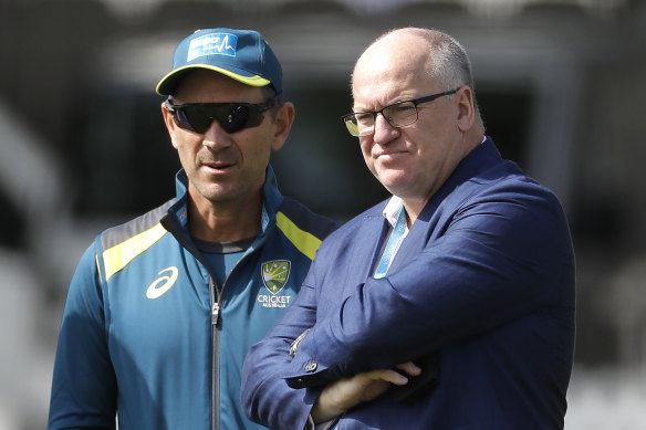 Former Cricket Australia chairman Earl Eddings with Justin Langer on the Ashes tour in 2019.