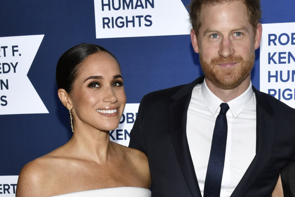 Meghan, Duchess of Sussex, left, and Prince Harry, the Duke of Sussex, attend the Robert F. Kennedy Human Rights Ripple of Hope Awards Gala in New York in December.