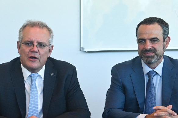 Scott Morrison at a roundtable discussion on vaccines with GPs and AMA president Dr Omar Khorshid in April.
