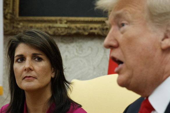 Might she become the first “Madam President”? The then US ambassador to the UN, Nikki Haley, meets Donald Trump in the White House in 2018. Now, she is his Republican rival.