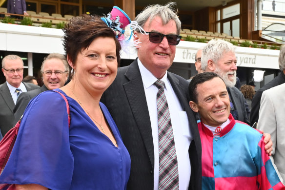 Karina and Terry O'Sullivan, pictured with Brett Prebble at Flemington last Saturday after picking up a group 2 win.