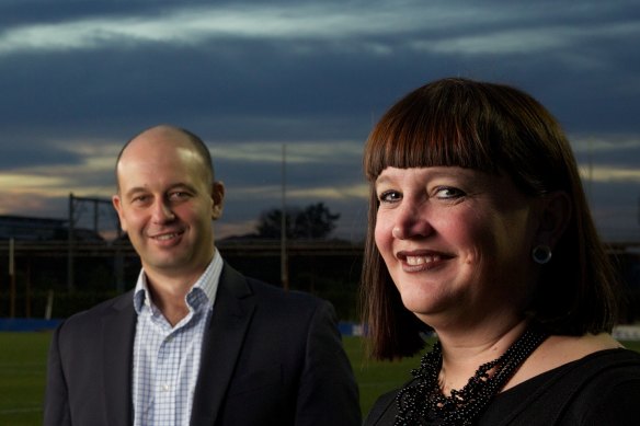 Todd Greenberg and Raelene Castle, pictured here in happier times in 2013 when the former took over from Greenberg at the Bulldogs, both lost their jobs this week.
