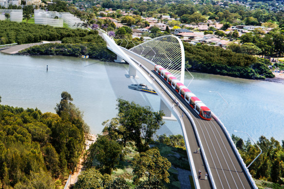 An artist’s impression of the second stage of the light rail line over Parramatta River between Melrose Park and Wentworth Point.