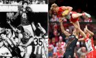 Left: Fitzroy’s Alastair Lynch flies high over Ben Buckley (left) as John Longmire watches on. Right: Sydney’s Isaac Heeney launches over GWS defender Jack Buckley.