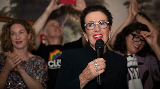 Clover Moore addresses supporters at her post-election party in Darlinghurst on Saturday night.
