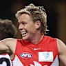Isaac Heeney of the Swans celebrates a goal.