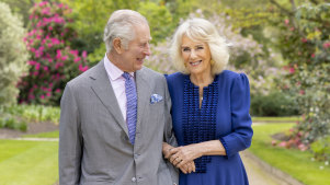 Britain’s King Charles III and Queen Camilla stand in Buckingham Palace Gardens on Wednesday April 10, 2024, the day after their 19th wedding anniversary. This photo is being released on Friday, April 26, 2024, to mark the first anniversary of their Coronation. Buckingham Palace says King Charles III will resume his public duties next week following treatment for cancer. The announcement on Friday April 26, 2024, comes almost three months after Charles took a break from public appearances to focus on his treatment for an undisclosed type of cancer. 