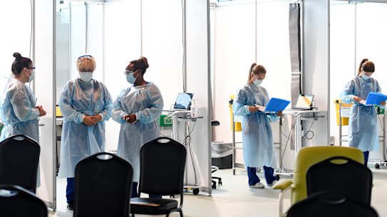 The COVID-19 vaccination hub at Melbourne Airport, run by Western Health, opened on Monday.