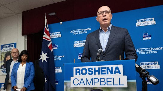 Opposition Leader Peter Dutton speaks in Rowville following Aston Liberal candidate Roshena Campbell’s loss.