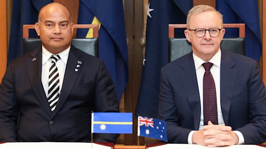 President of Nauru, David Adeang and Prime Minister Anthony Albanese during a signing ceremony following a bilateral meeting at Parliament House in Canberra last year. 