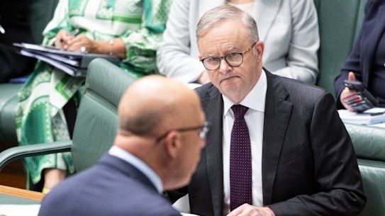 Opposition Leader Peter Dutton and Prime Minister Anthony Albanese during Question Time at Parliament House in Canberra on Wednesday 15 November 2023. fedpol Photo: Alex Ellinghausen
