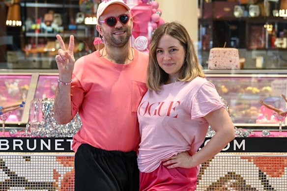 Marcus Mckenzie (left) and Amelia Dowd (right) dressed up to see Barbie on Tuesday morning at Cinema Nova.