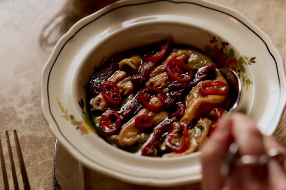 Preserved tomatoes and charred bread dip with smoked Portarlington mussels at Molli.