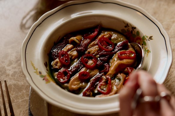 Preserved tomatoes and charred bread dip with smoked Portarlington mussels.