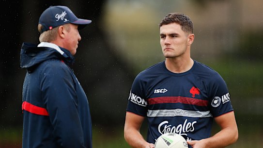 Kyle Flanagan and Roosters coach Trent Robinson chat at training early in the 2020 season before things turned sour.
