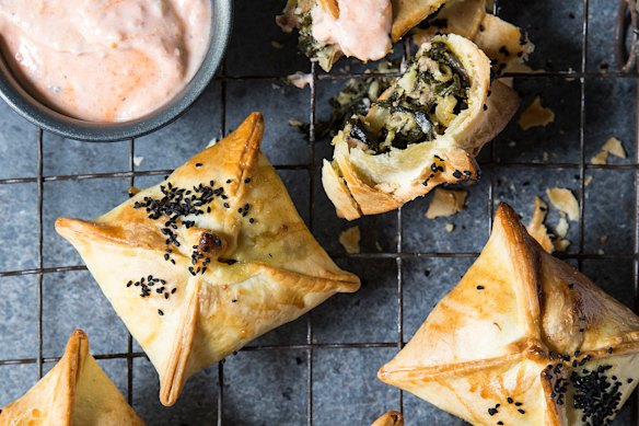 Karen Martini’s silverbeet and halloumi pies with sausage (or ricotta).