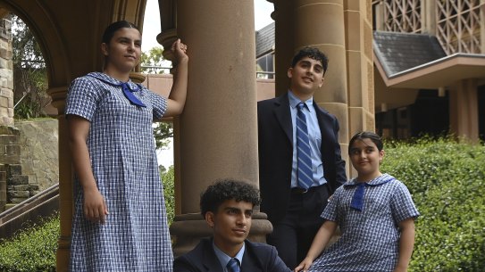 Siblings Sarah Lichaa 11yrs, Matthew Lichaa 14yrs, Isaac Lichaa 12yrs and Yasmin Lichaa 8yrs at the grounds of St Mary’s Cathederal College and St May’s Cathederal. Sarah and Yasmin will join their brothers at the college next year when it goes co-ed from Kindergarten to Year 7 . Sydney, NSW. February 5, 2024.  Photo: Kate Geraghty