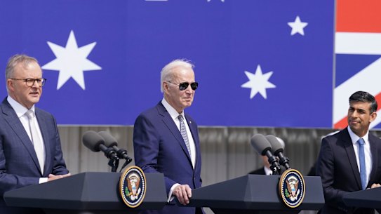 Anthony Albanese, Joe Biden and Rishi Sunak at the AUKUS announcement in San Diego in March.