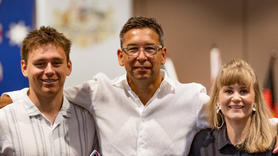 Bec Swinton, Iain Collins and son Jesse Collins at the Australia Day Citizenship day in Frankston on Friday.
