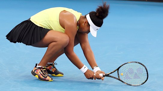 Naomi Osaka of Japan reacts after she lost a point against Karolina Pliskova of the Czech Republic during the Brisbane International tennis tournament in Brisbane, 