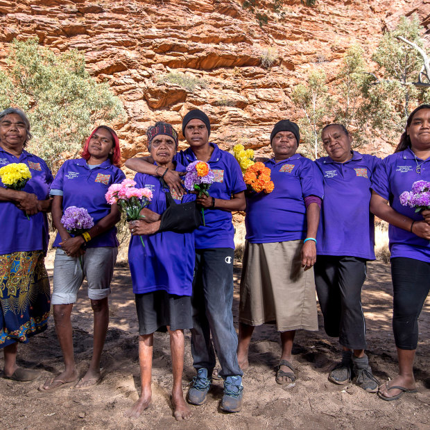 Tangentyere women's family safety group members (left to right) Helen Gillen, Nanetta Kenny, Louise Abbott, Shirleen Campbell, Glorianna Moketarinja, Barbara Shaw and Connie Shaw.