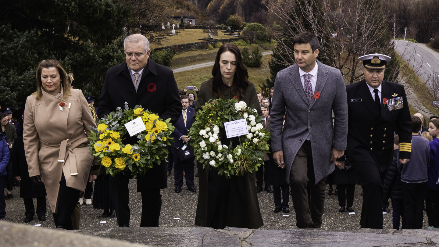 Scott Morrison and Jacinda Ardern arrive to attend a memorial service in Arrowtown, New Zealand.