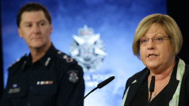 Police Minister Lisa Neville with Deputy Commissioner Shane Patton.