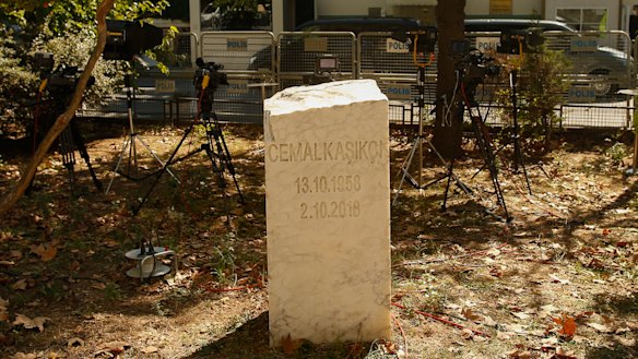 A monument for slain Saudi journalist Jamal Khashoggi sits near the Saudi Arabian consulate in Istanbul, Turkey.