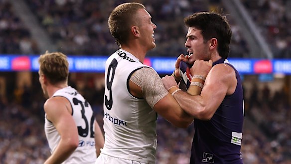 Andrew Brayshaw (right) and the Dockers stood up to Patrick Cripps and the Blues.