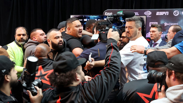 A scuffle threatened to break out at the weigh-in.