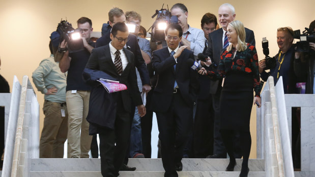 Chinese ambassador to Australia, Cheng Jingye, is questioned by the media as he departs after the Australia China Business Council networking day at Parliament House.