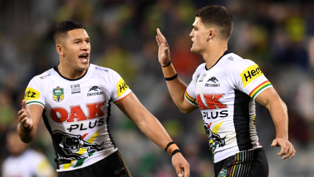 Nathan Cleary celebrates his match-winning field goal against the Raiders.