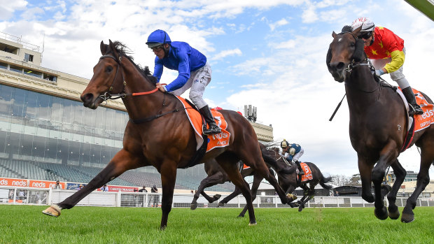 Damien Oliver aboard Anamoe charges to victory in the Caulfield Guineas.