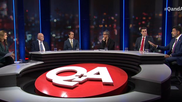 Patricia Karvelas with the Q+A panel on November 13 (from left): Mark Leibler, Dave Sharma, Francesca Albanese, Tim Watts and Nasser Mashni.