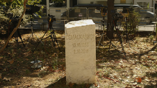 A monument for slain Saudi journalist Jamal Khashoggi sits near the Saudi Arabian consulate in Istanbul, Turkey.