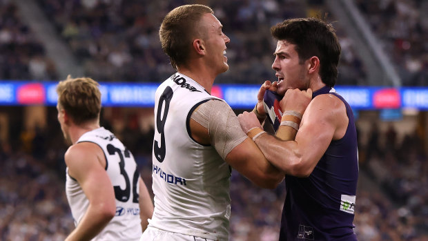 Andrew Brayshaw (right) and the Dockers stood up to Patrick Cripps and the Blues.