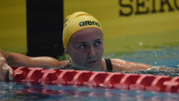 Determined: Ariarne Titmus became just the second woman to swim the 400m freestyle in under four minutes in a regulation textile suit.