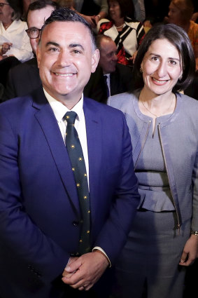 NSW Deputy Premier John Barilaro and NSW Premier Gladys Berejiklian during the NSW Nationals campaign launch in Queanbeyan.