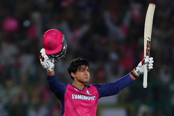 Vaibhav Suryavanshi celebrates his century.
