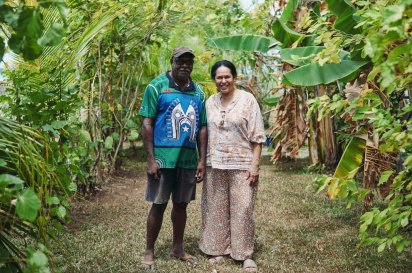 Traditional owner Uncle Paul Kabai and singer-songwriter Christine Anu on Saibai Island, in the Torres Strait.