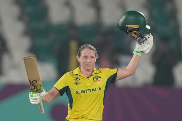 Australian women’s captain Alyssa Healy celebrating her century against Bangladesh at last year’s World Cup.