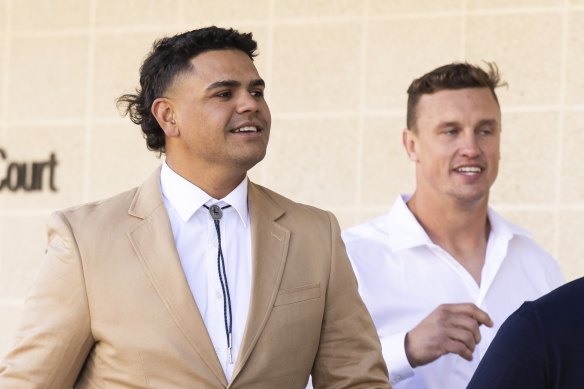 NRL players Latrell Mitchell and Jack Wighton arrive at ACT Magistrates Court on Tuesday.